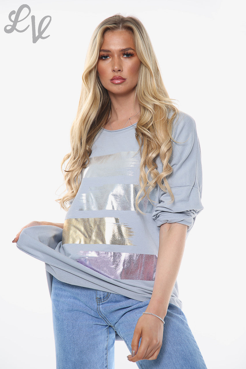 Ladies Foil Colourful Blocks Sweatshirt Top Silver Unit Price £11.99