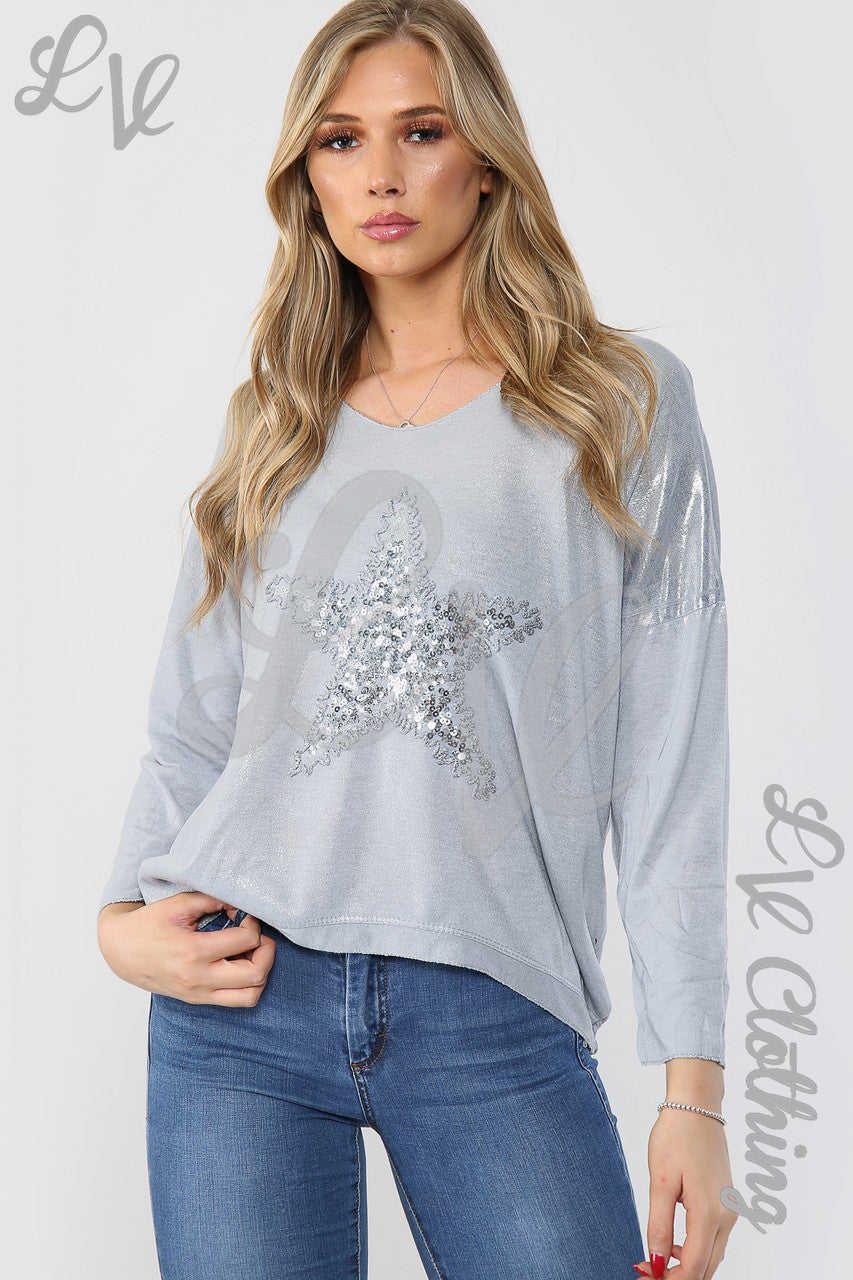 Dames Shimmer Zilveren Ster Geborduurd Top Zilver - Stukprijs € 11,99