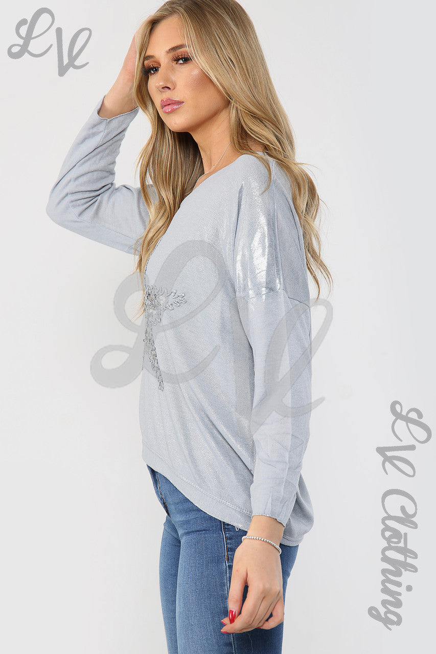 Dames Shimmer Zilveren Ster Geborduurd Top Zilver - Stukprijs € 11,99