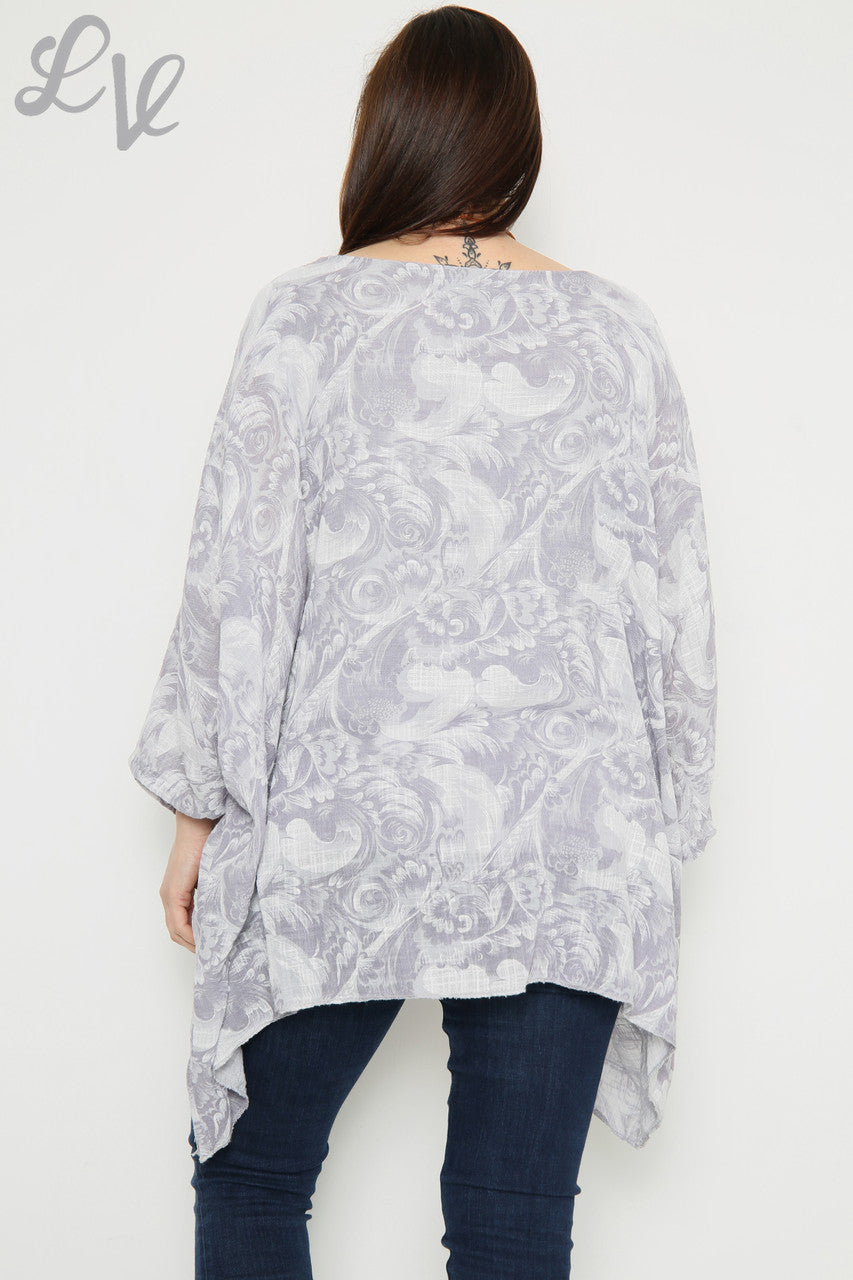 Dames Barok Print Vleermuismouw Top Zilver Stukprijs £12,99