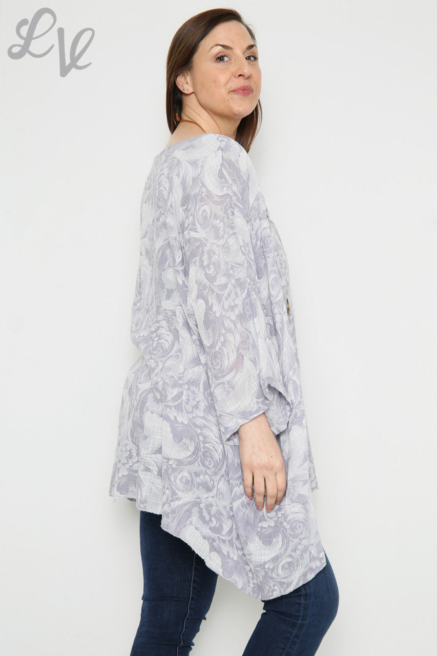 Dames Barok Print Vleermuismouw Top Zilver Stukprijs £12,99