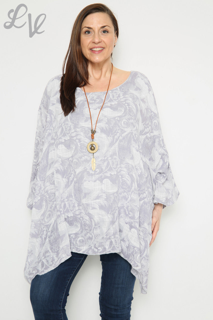 Dames Barok Print Vleermuismouw Top Zilver Stukprijs £12,99