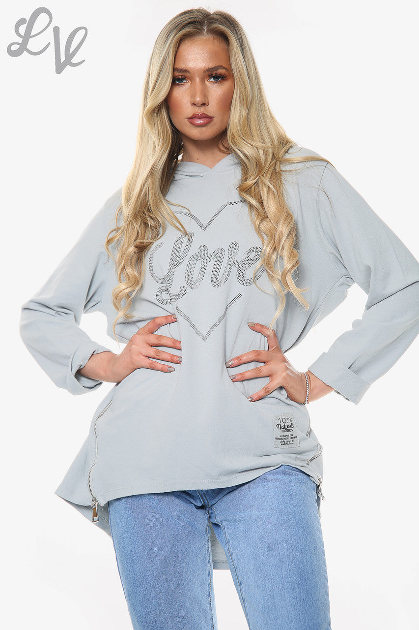 Dames Dimante Love Heart Hooded Top Zilver Stukprijs WAS €14,99 NU €7,49