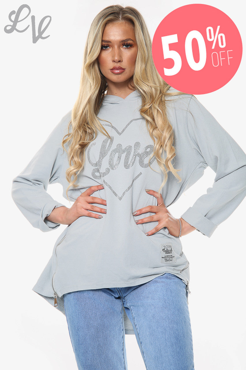 Dames Dimante Love Heart Hooded Top Zilver Stukprijs WAS €14,99 NU €7,49