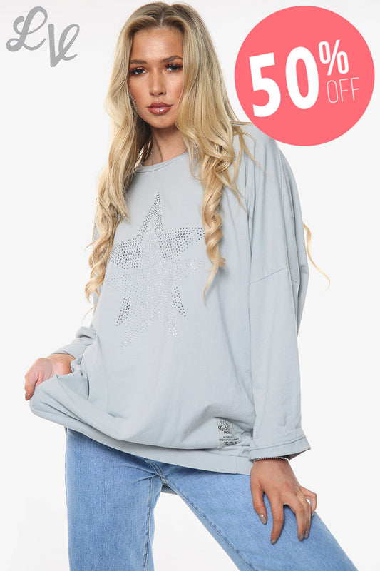 Ladies Dimante Stars Sweatshirt Top Silver Unit Price WAS £13.99 NOW £6.99