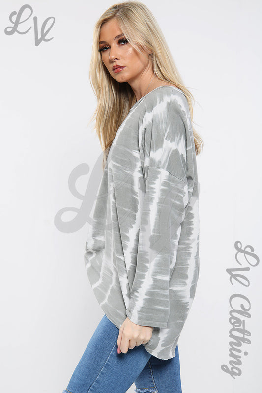 Ladies tie-dye sweatshirt, light gray crew neck with long sleeves
