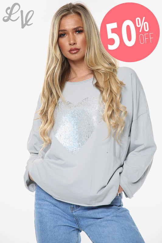 Ladies Sequin Shimmer Heart Top Silver Unit Price WAS £11.99 NOW £5.99