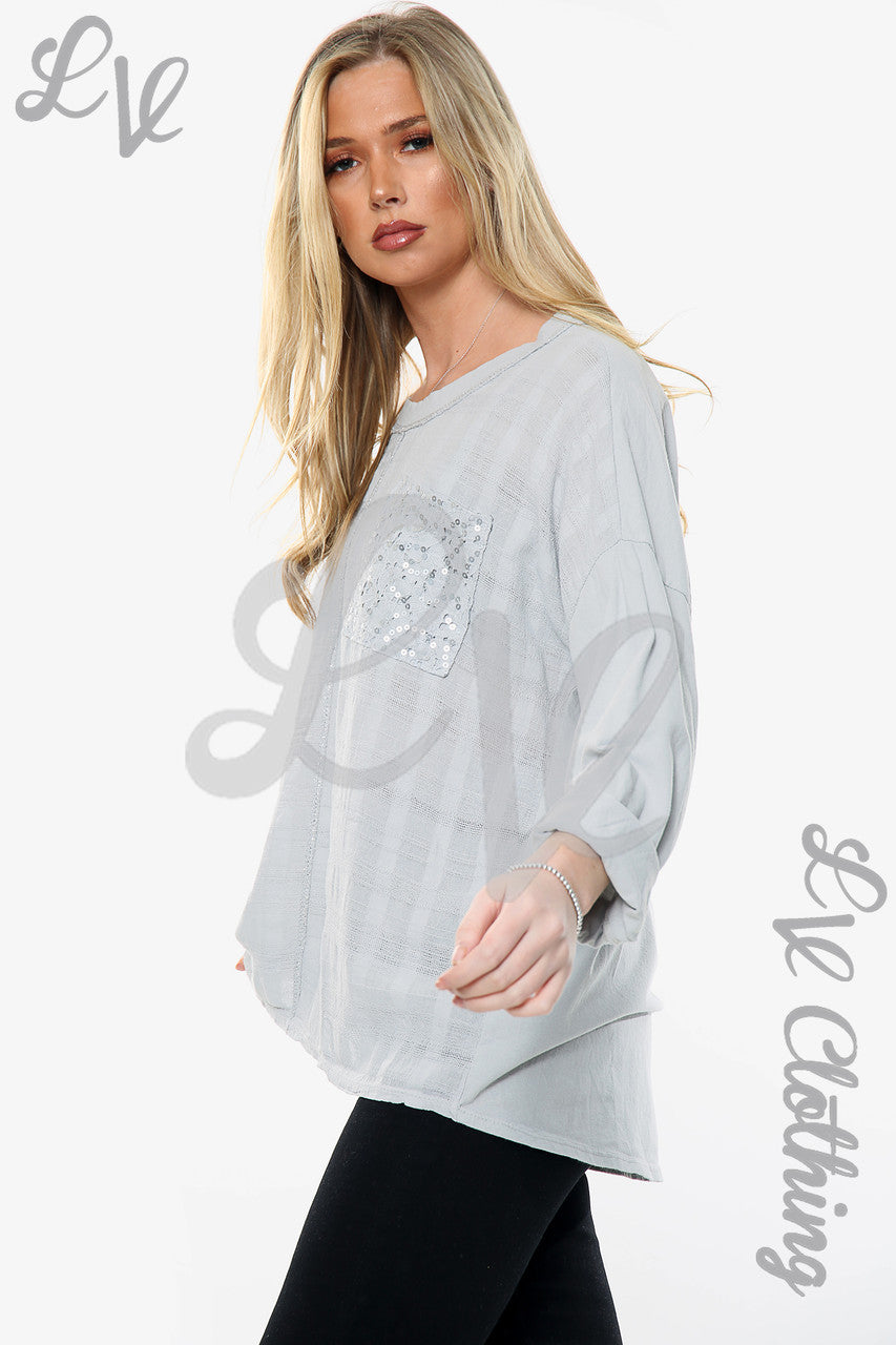 Ladies Sequin Embroidered Pocket Top Silver Unit Price £10.99