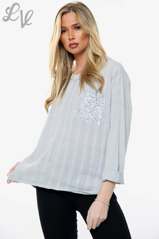 Ladies Sequin Embroidered Pocket Top Silver Unit Price £10.99