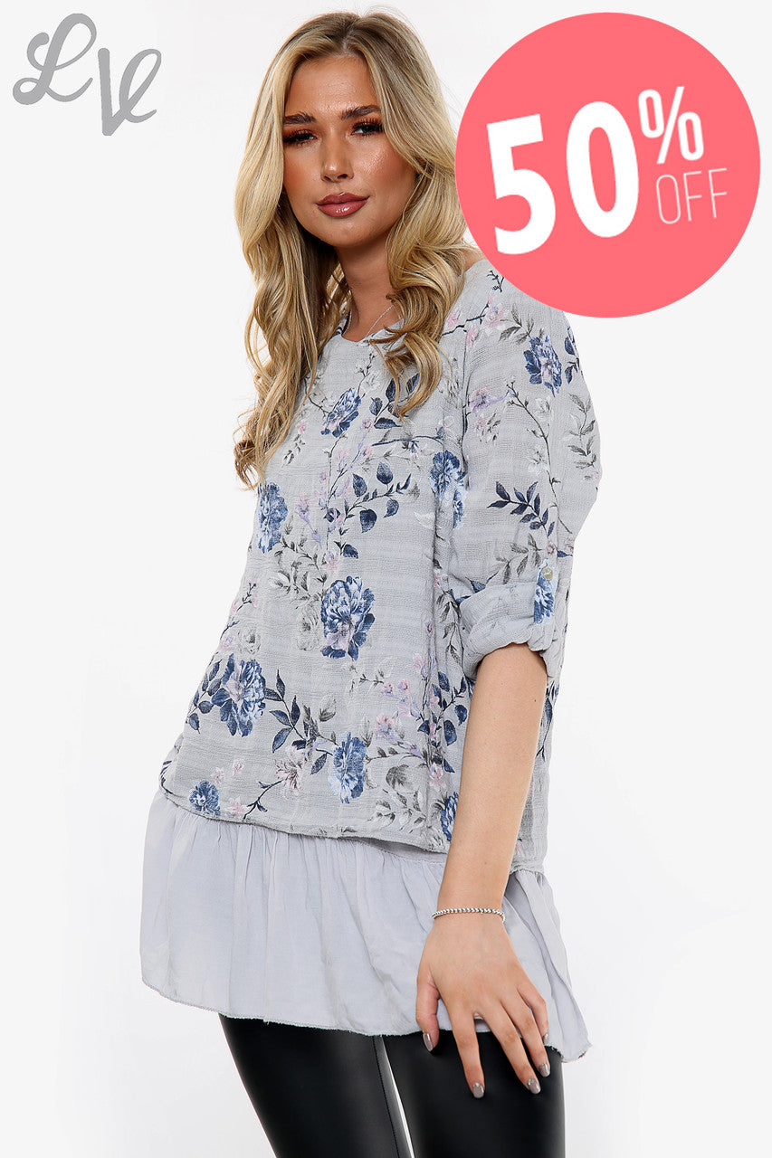 Ladies Floral Print Top With Frill Bottom Silver Unit Price WAS £12.99 NOW £6.49