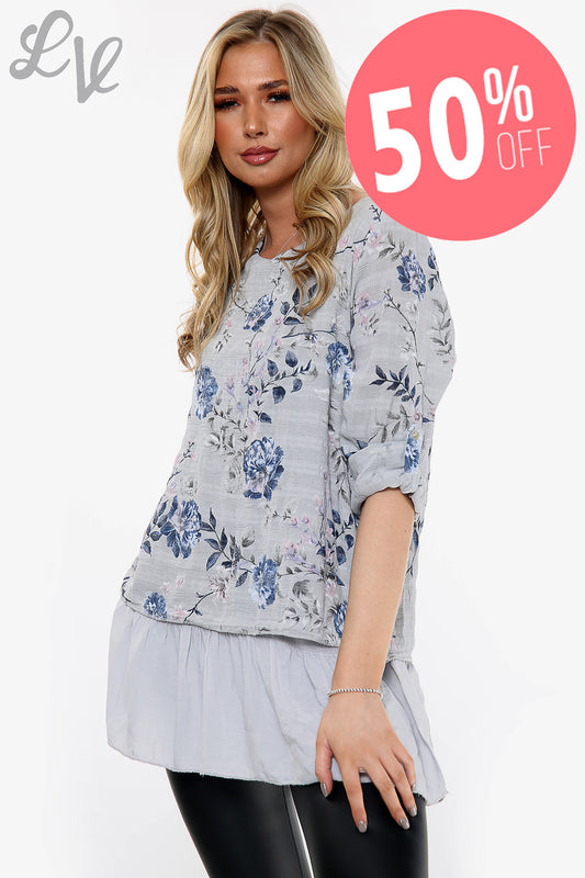 Ladies Floral Print Top With Frill Bottom Silver Unit Price WAS £12.99 NOW £6.49