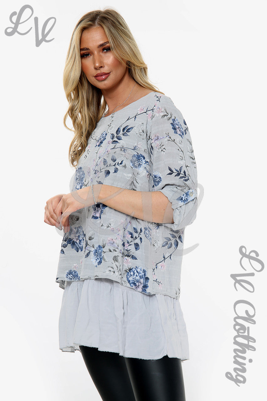 Ladies Floral Print Top With Frill Bottom Silver Unit Price WAS £12.99 NOW £6.49