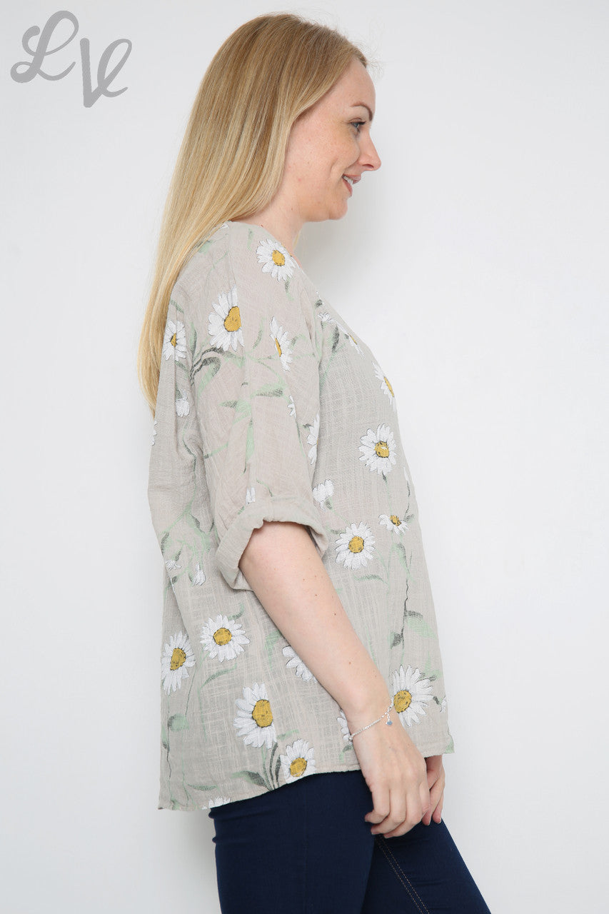 Ladies Daisy Stem Print Top Stone - Unit Price £9.99