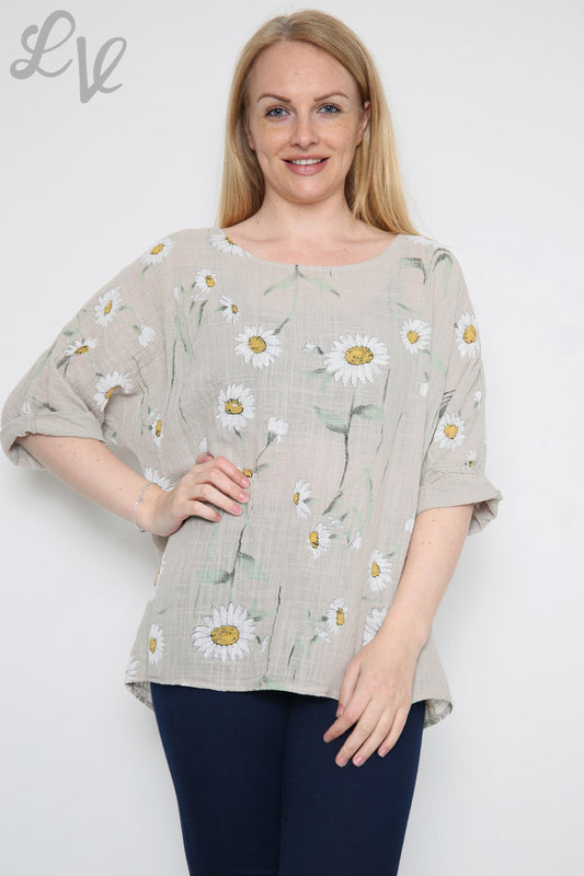 Ladies Daisy Stem Print Top Stone - Unit Price £9.99