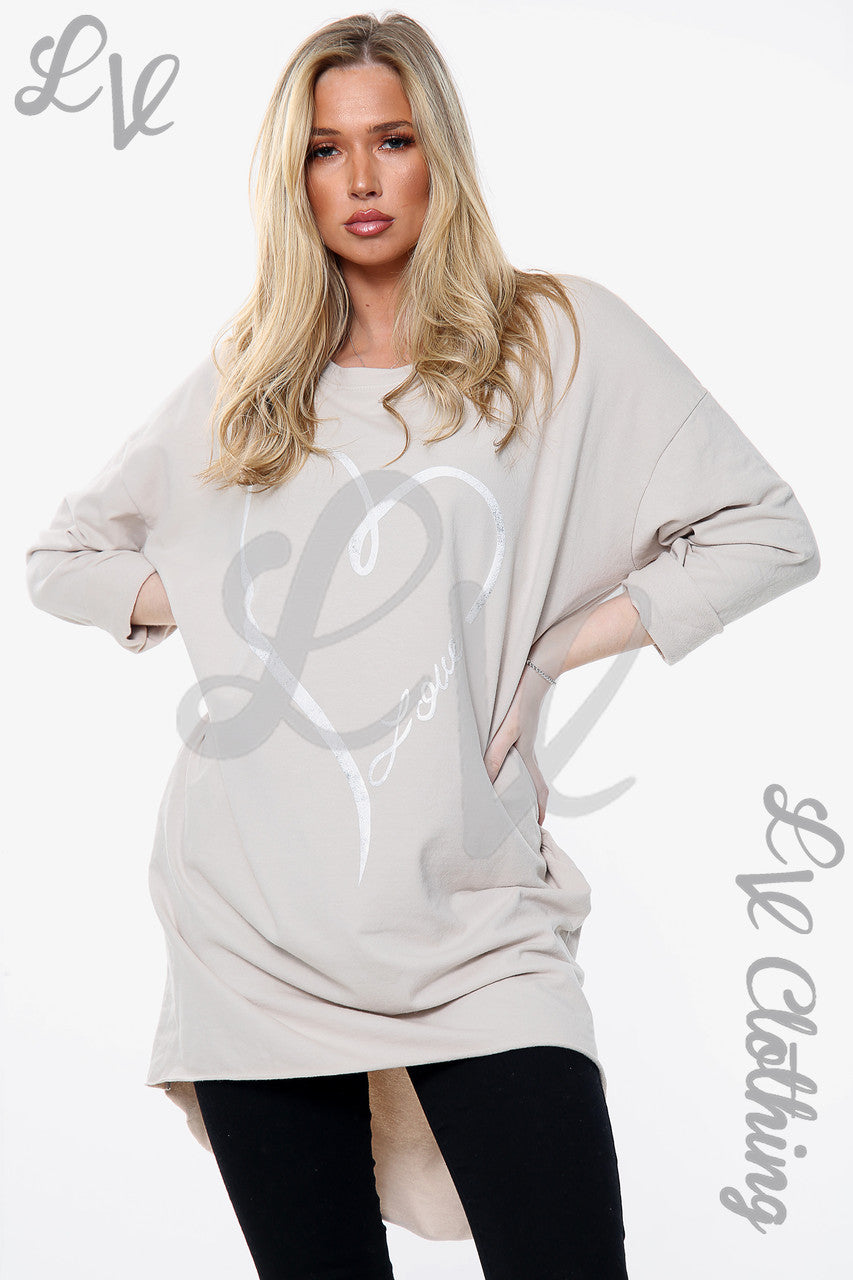 Ladies Foil Heart Love Graphic Sweatshirt Top Stone Unit Price £12.99