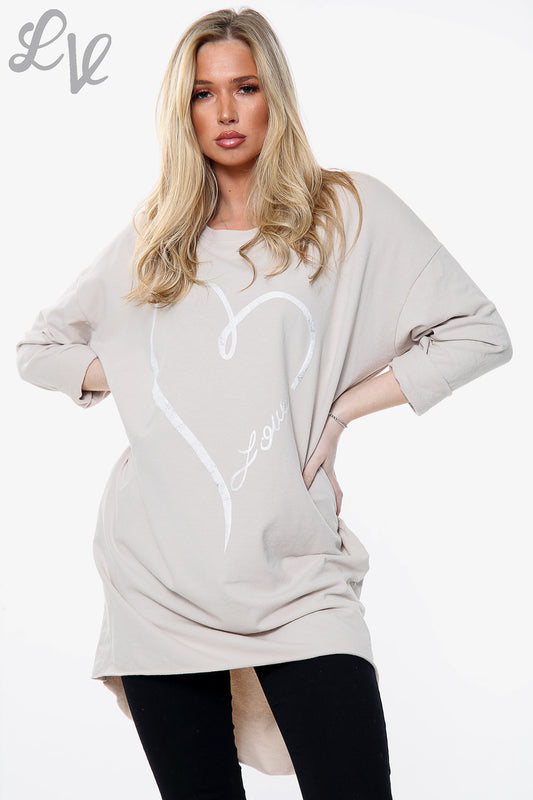 Ladies Foil Heart Love Graphic Sweatshirt Top Stone Unit Price £12.99