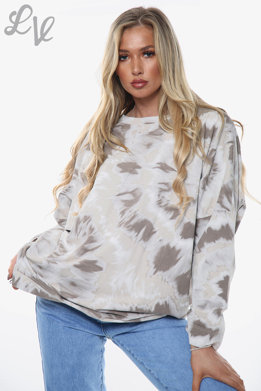 Dames Tie Dye Print Sweatshirt Top Stone Stukprijs WAS €13,99 NU €6,99