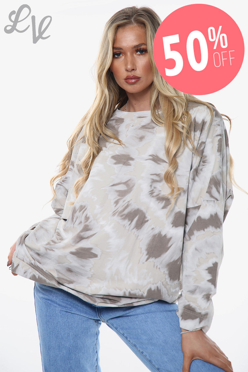 Dames Tie Dye Print Sweatshirt Top Stone Stukprijs WAS €13,99 NU €6,99