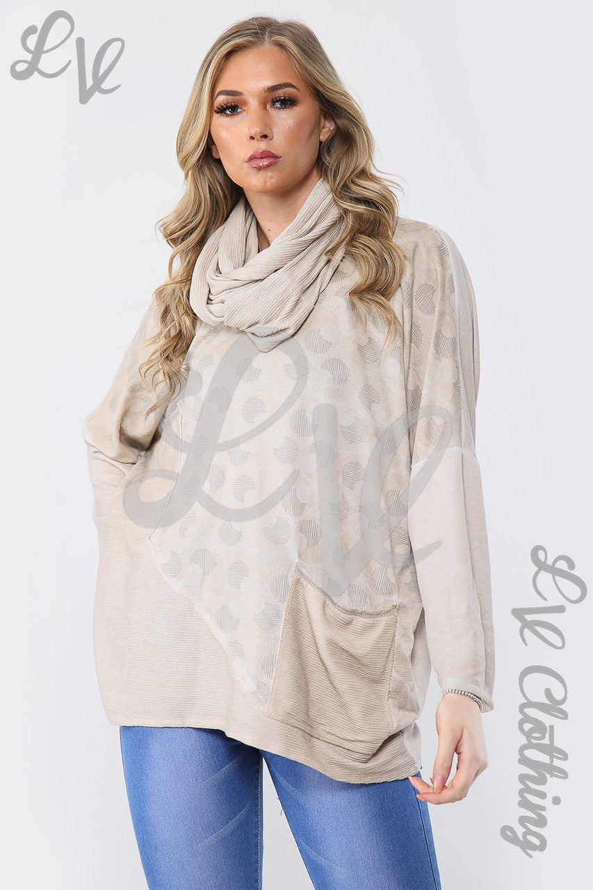 Ladies Circle Print Oversized Top With Scarf  Stone - Unit Price £14.99