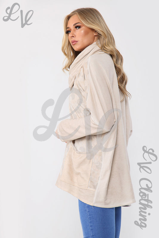 Oversized ladies top with attached scarf, stone beige, circle print, long sleeves