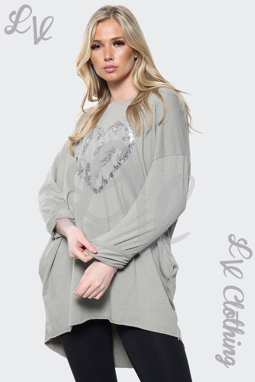 Dames Oversized Top Met Hartjes Sequinprint Steen Prijs per eenheid € 15,99