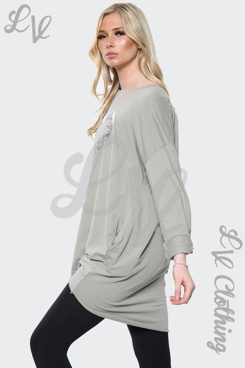 Dames Oversized Top Met Hartjes Sequinprint Steen Prijs per eenheid € 15,99