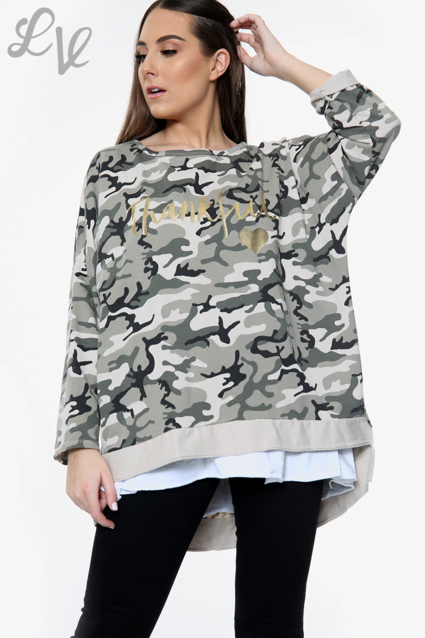 Dames Thankful Script Camouflage Sweatshirt Stone Stukprijs WAS € 13,99 NU € 6,99