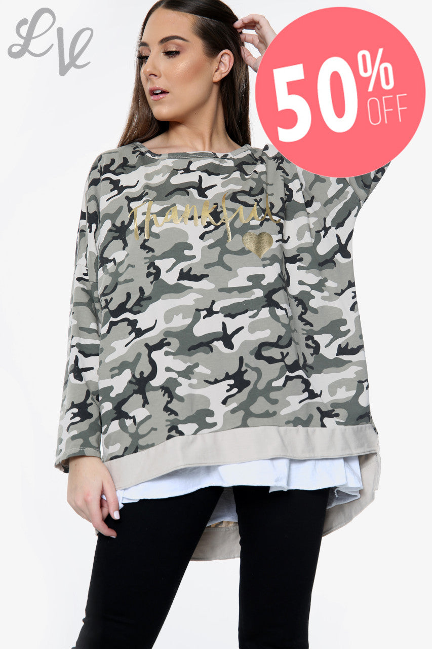 Dames Thankful Script Camouflage Sweatshirt Stone Stukprijs WAS € 13,99 NU € 6,99
