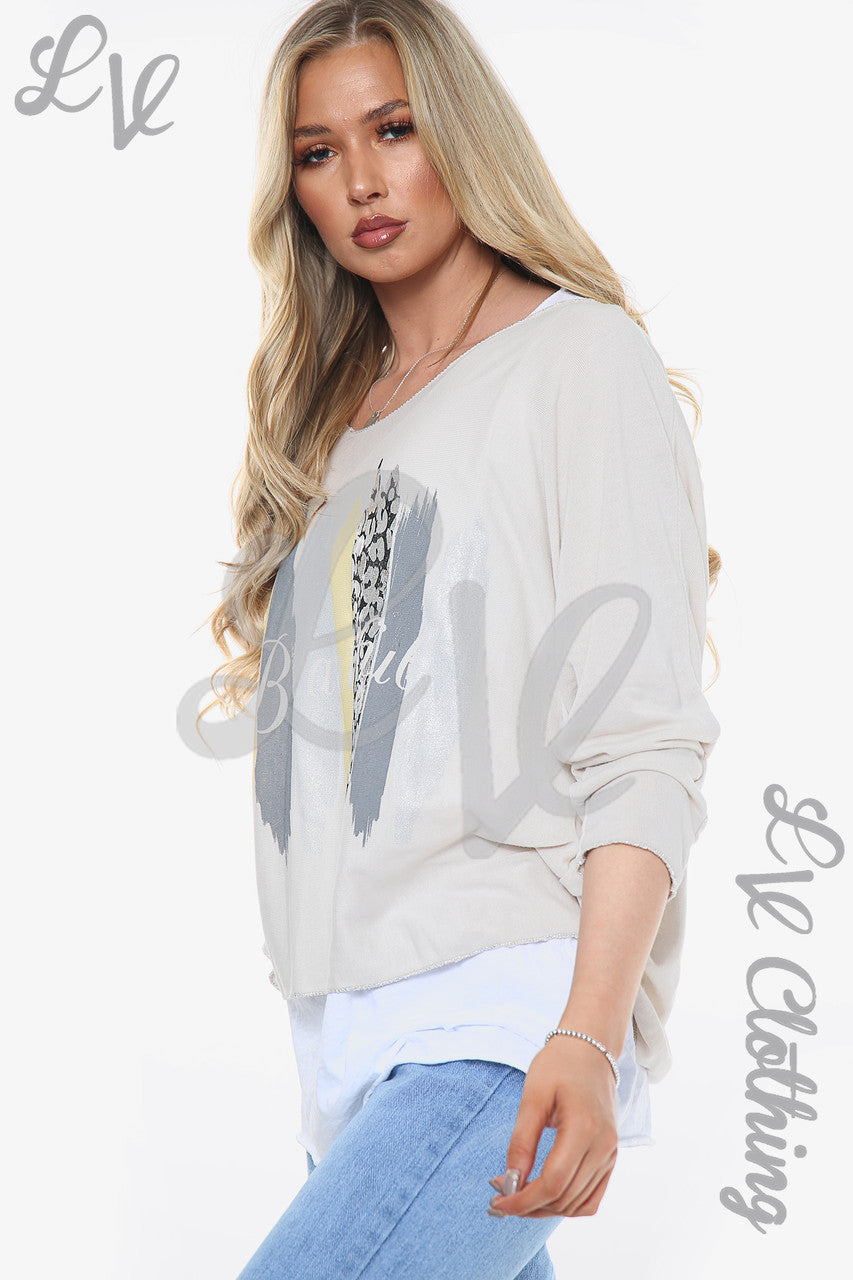 Dames Mooie Slogan 2-laags Top Steen Stukprijs £10.99