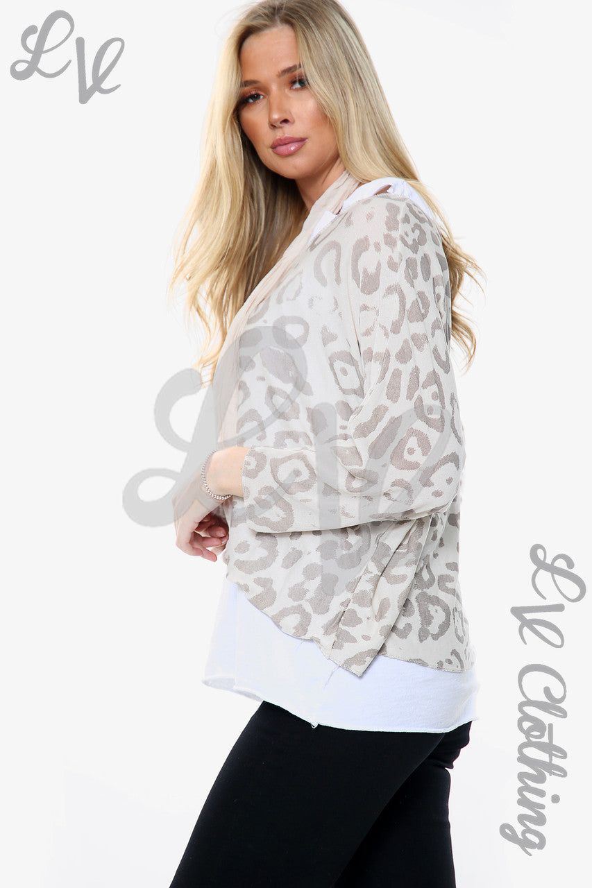 Dames Top met Luipaardprint en 2 Lagen Met Bijpassende Sjaal Steen Prijs per eenheid £11.99