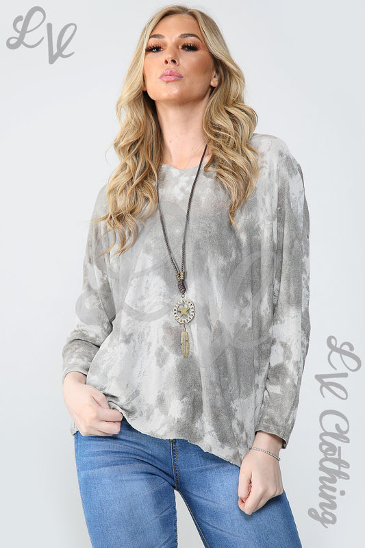 Ladies acid-wash sparkle effect top with pendant necklace, long sleeves