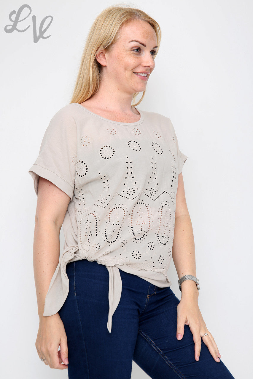Dames Anglaise Top met Strik aan de Zijkant Steen - Stukprijs €10,99