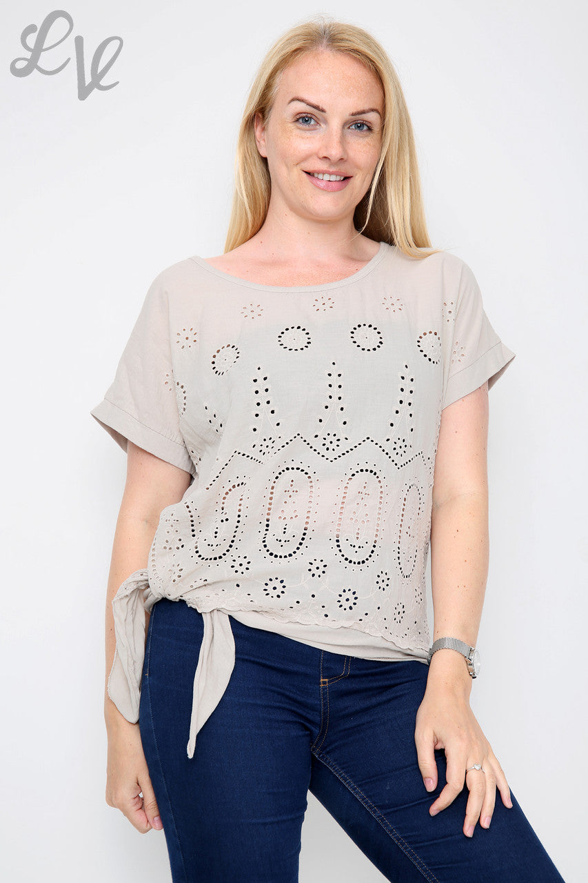 Dames Anglaise Top met Strik aan de Zijkant Steen - Stukprijs €10,99