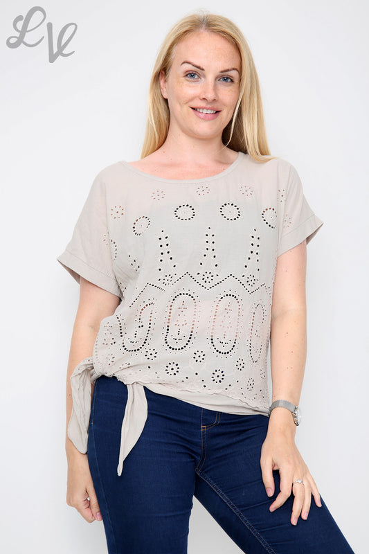 Ladies Anglaise Tie Side Top Stone - Unit Price £10.99