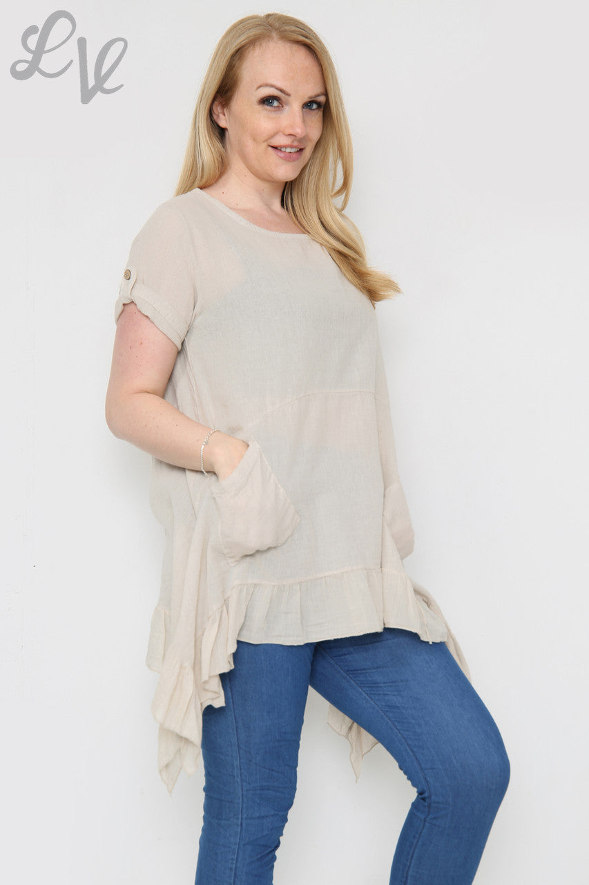 Dames zwierige tuniek met rucheszoom, steenkleurig, eenheidsprijs €9,99