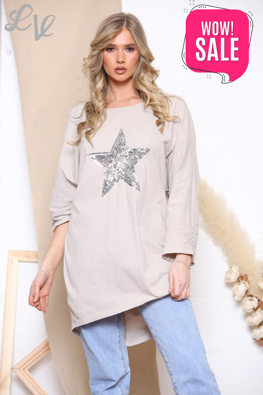 Ladies Star Front & Twist Back Detail Sweatshirt Top Stone