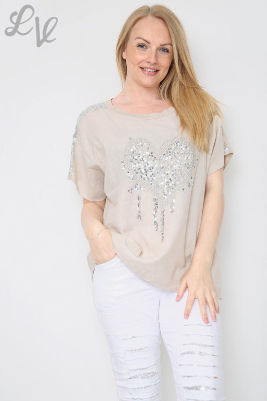 Ladies Sequin Love Heart & Shoulder Top Stone Unit Price £10.99