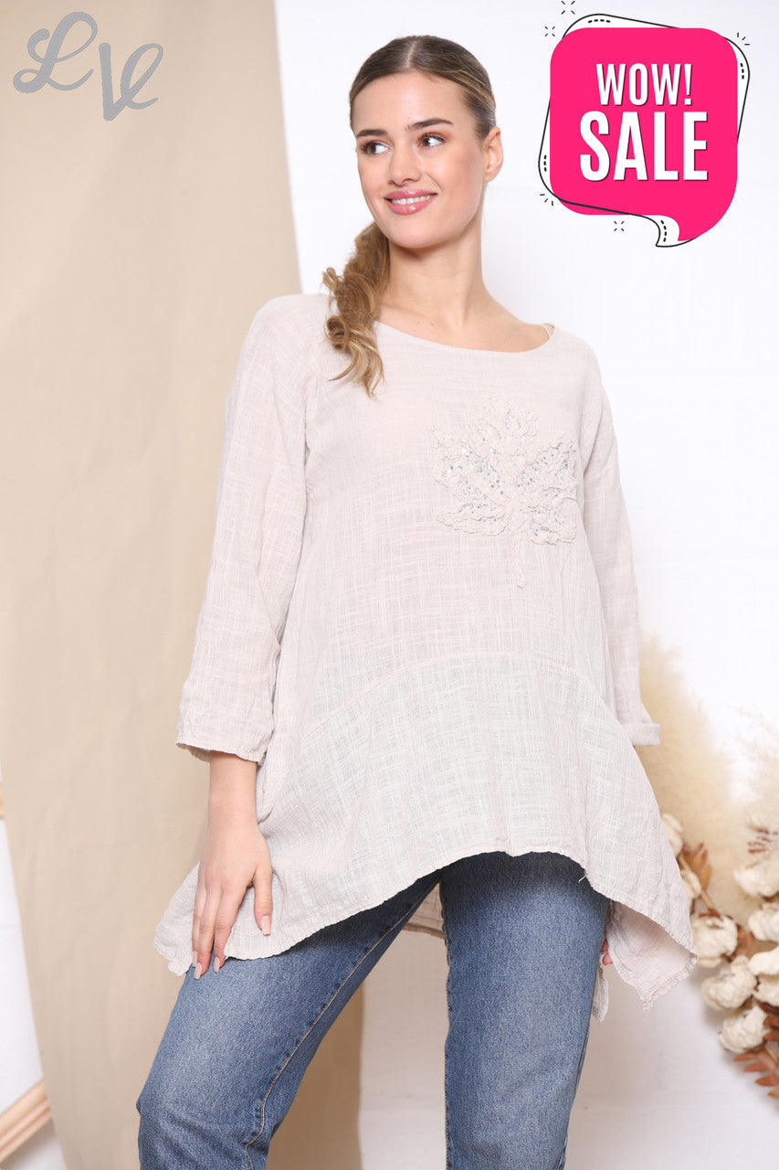 Ladies Sequin Ruffle Leaf Print Top Stone
