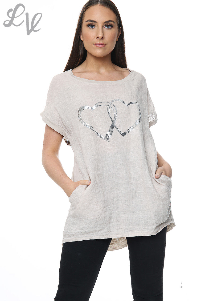 Ladies Linen Front & Cotton Back Foil Hearts Top Stone Unit Price £9.99
