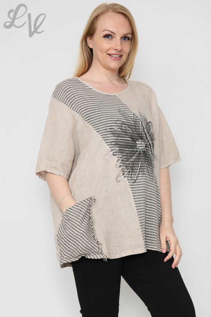 Dames Linnen Top Met Bloemenstreep Steengrijs Stukprijs £ 13,99
