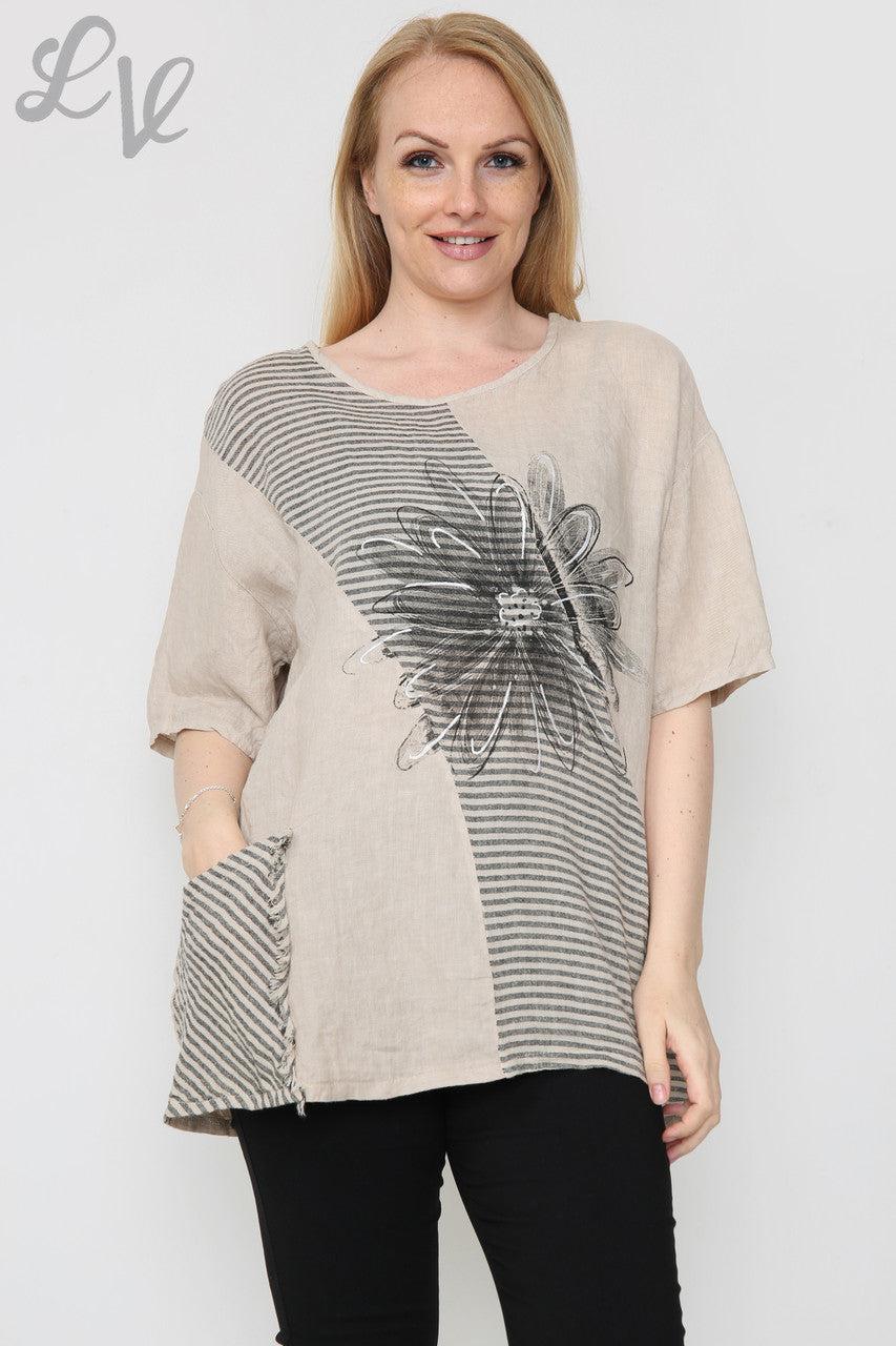 Dames Linnen Top Met Bloemenstreep Steengrijs Stukprijs £ 13,99