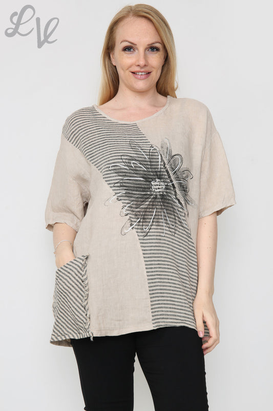 Ladies Floral Stripe Linen Top Stone Unit Price £13.99