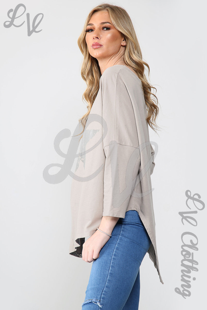 Ladies Silver Foil Star Oversized Tunic Top Taupe - Unit Price WAS £11.99 NOW £5.99
