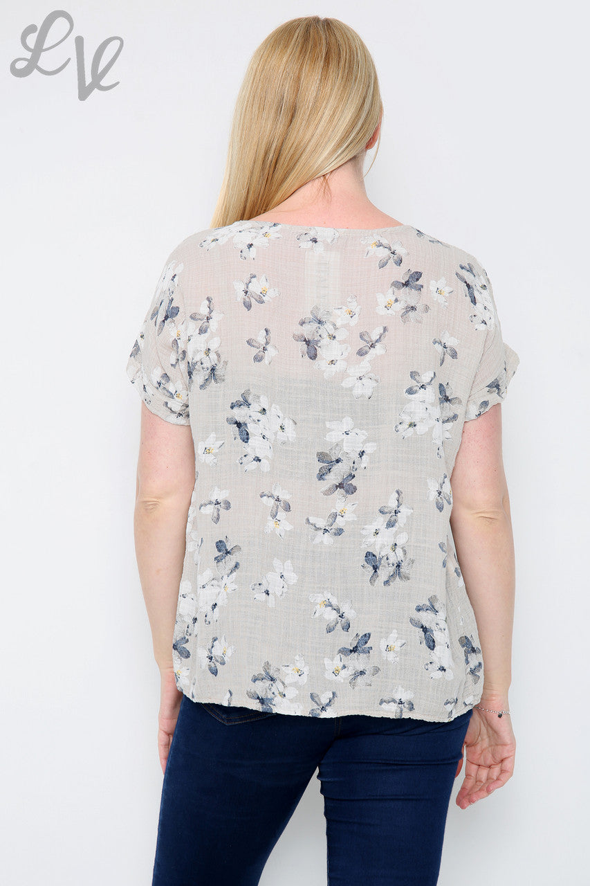 Ladies Floral Blossom Print Top Stone