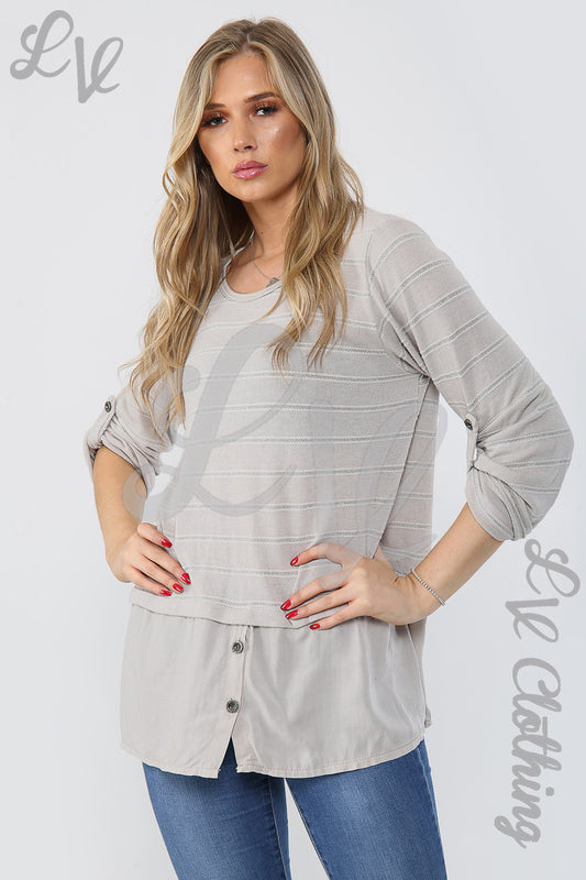 Light grey lurex stripe top, round neck, button front with stone details