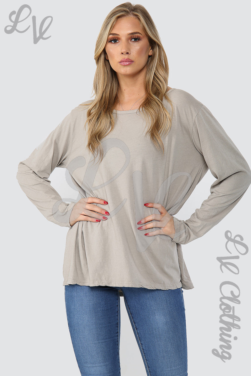 Dames Effen Top met Knoopsluiting achter Oversized Steenkleurig - Stukprijs WAS 9.99 NU €4.99