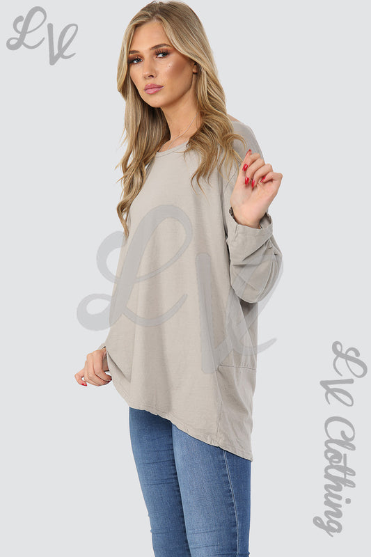 Ladies Plain Button Back Oversized Top Stone - Unit Price WAS 9.99 NOW £4.99