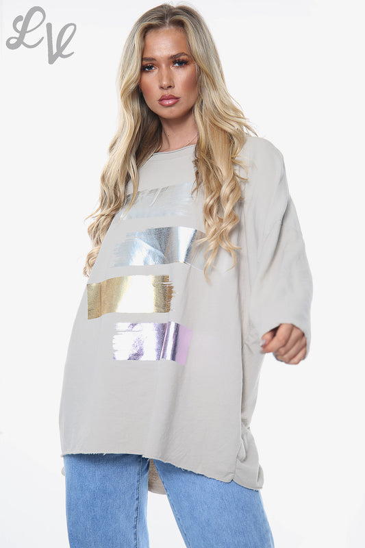 Ladies Foil Colourful Blocks Sweatshirt Top Stone Unit Price £11.99