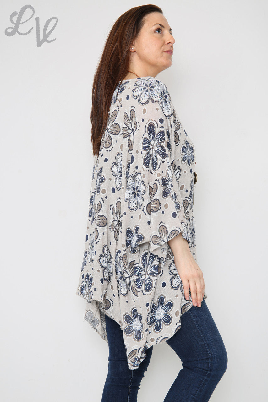 Dames Top met Vlermuismouw en Bloemenprint Steenkleurig