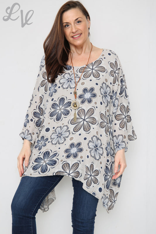 Ladies Flowers Print Batwing Top Stone